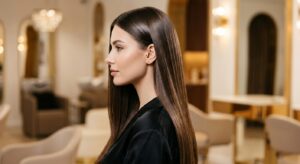 פרופיל של אישה עם שיער חום ארוך, חלק ומבריק במיוחד על רקע מספרה יוקרתית
